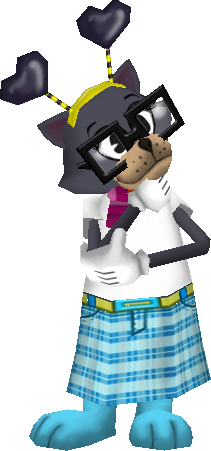 a black cat toon from toontown with light blue legs wearing square glasses, a white pink and blue bow and scarf, a solid white shirt, and a light blue skirt that matches her legs
