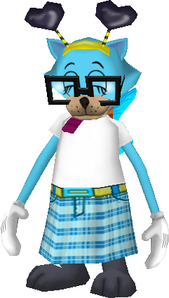 a light blue cat toon from toontown  with black legswearing square glasses, a white pink and blue bow and scarf, a solid white shirt, and a light blue skirt that matches her head and arms