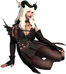 a miqo'te character from final fantasy 14 sitting down. she has white hair, black horns, and is wearing a goth outfit with long black gloves and fishnet tights.