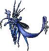 pixel art of shiva from final fantasy 14. she has an ice crown and blue floating ribbons.