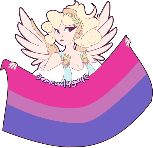 a drawing of winged victory mercy from overwatch holding a bisexual flag.
