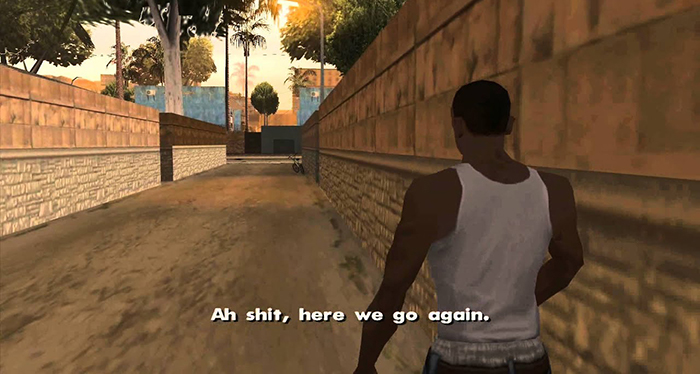 carl 'c.j' johnson from GTA san andreas saying 'ah shit here we go again.'