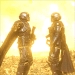 two helldivers hugging in front of an explosion.