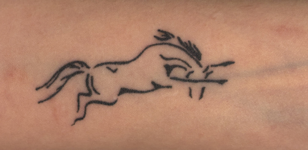 a ghost cat tattoo on a pale forearm.